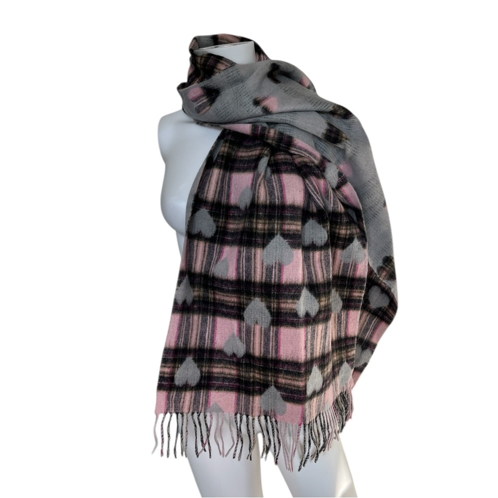 Large Heart Print Blanket Scarf with Fringe Black Pink Gray Plaid Soft Girl